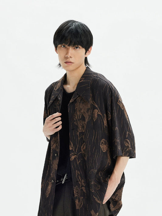Vintage-Inspired Pleated Texture Full-Print Shirt
