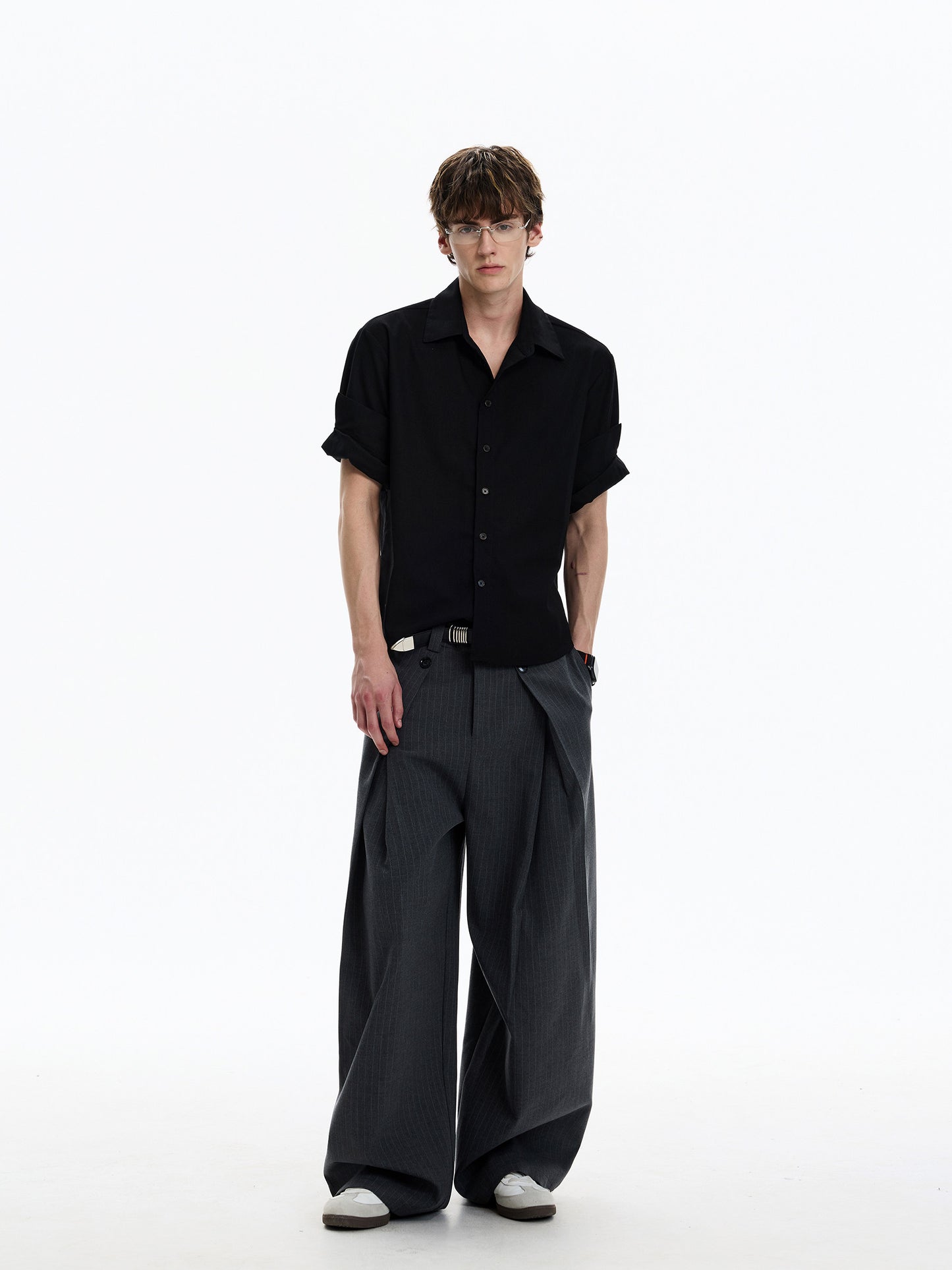 Roll-Sleeve Linen Blend Shirt