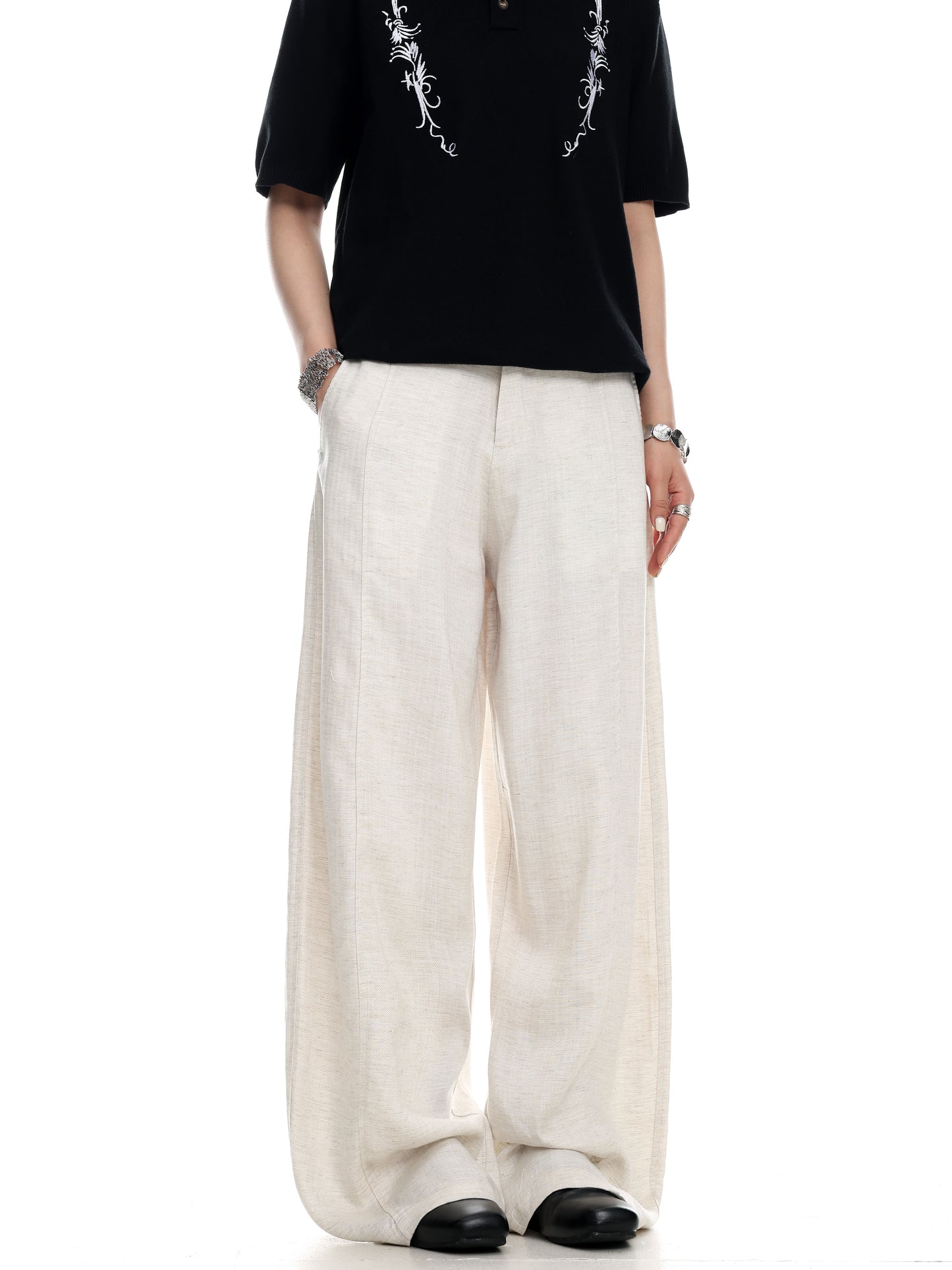 Linen-Look Wide-Leg Trousers