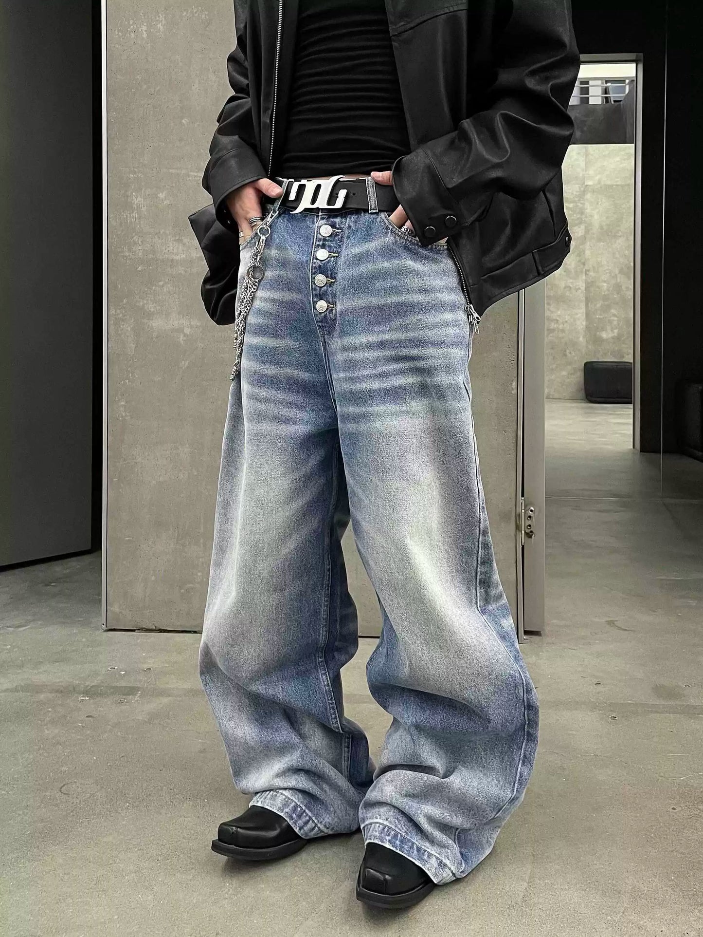 Simple Washed Button Denim Pants