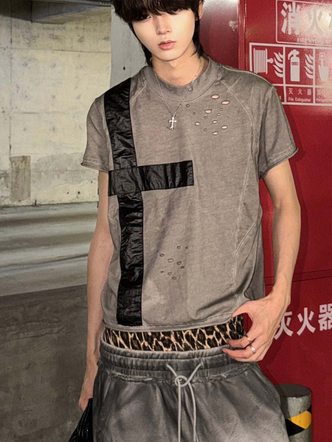 Distressed Cross Patch Slim Fit Tee