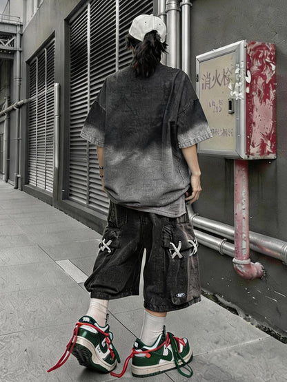 Vintage Wide-Leg Cargo Denim Shorts
