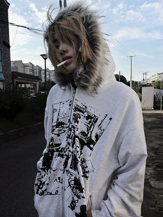 Rock Vintage Print Fur Zip Hoodie
