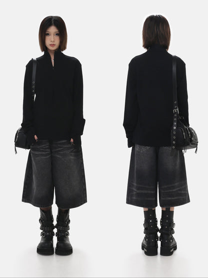 Stand Collar Zip Long Sleeve Tee