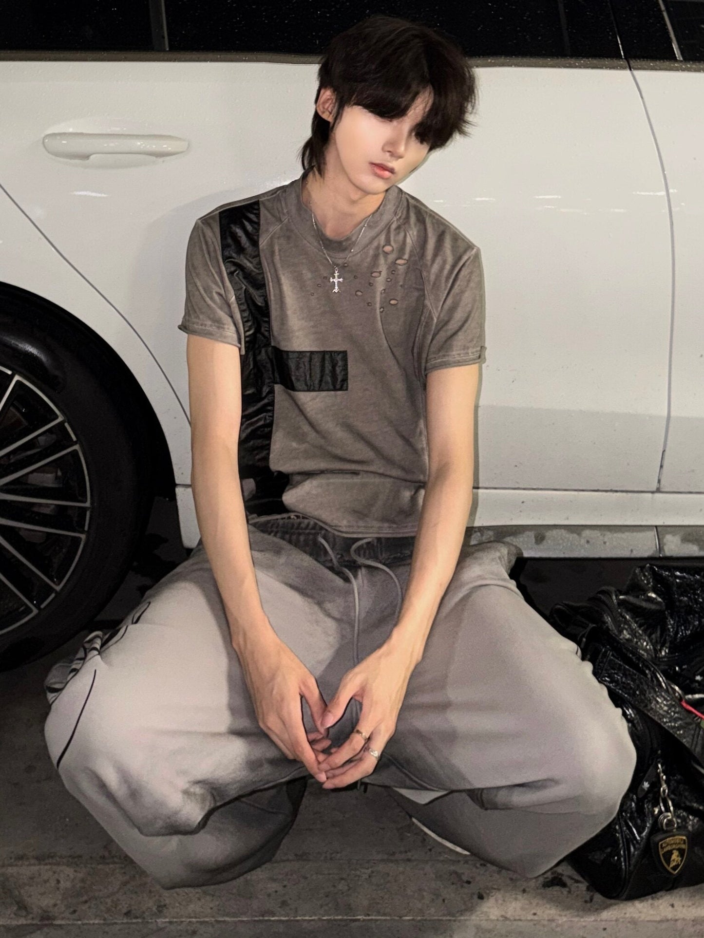Distressed Cross Patch Slim Fit Tee