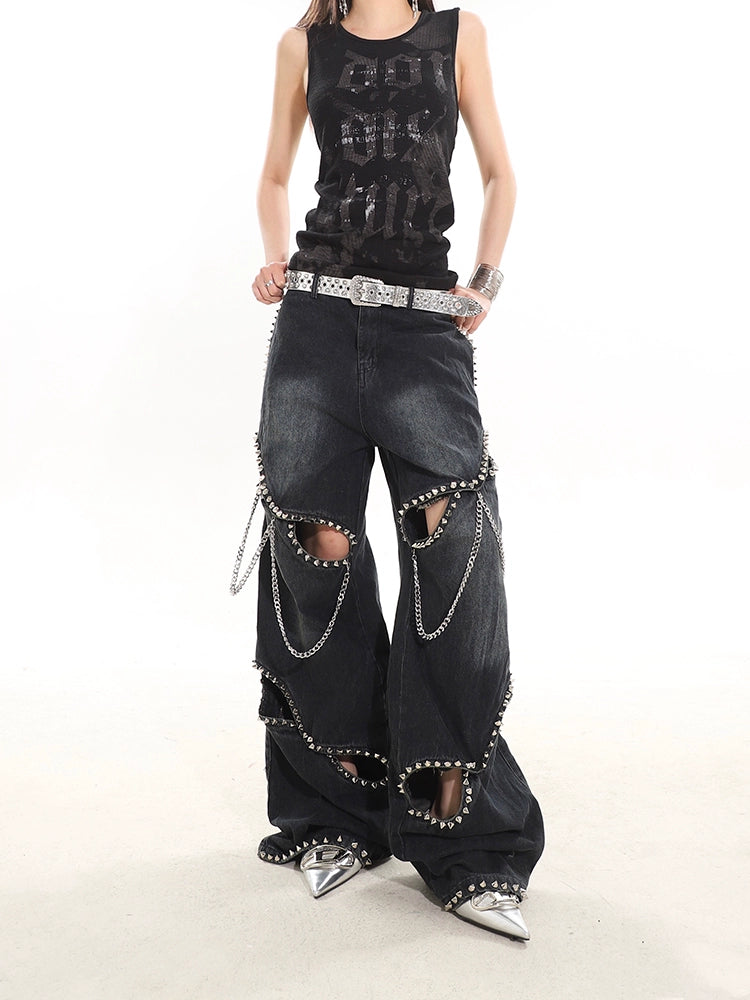 Heavy Metal RiveT Chain Denim Pants