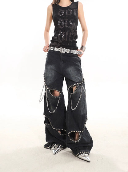 Heavy Metal Rivet Chain Denim Pants