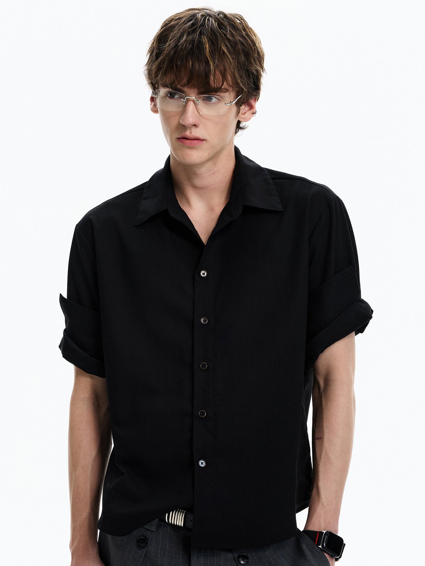 Roll-Sleeve Linen Blend Shirt