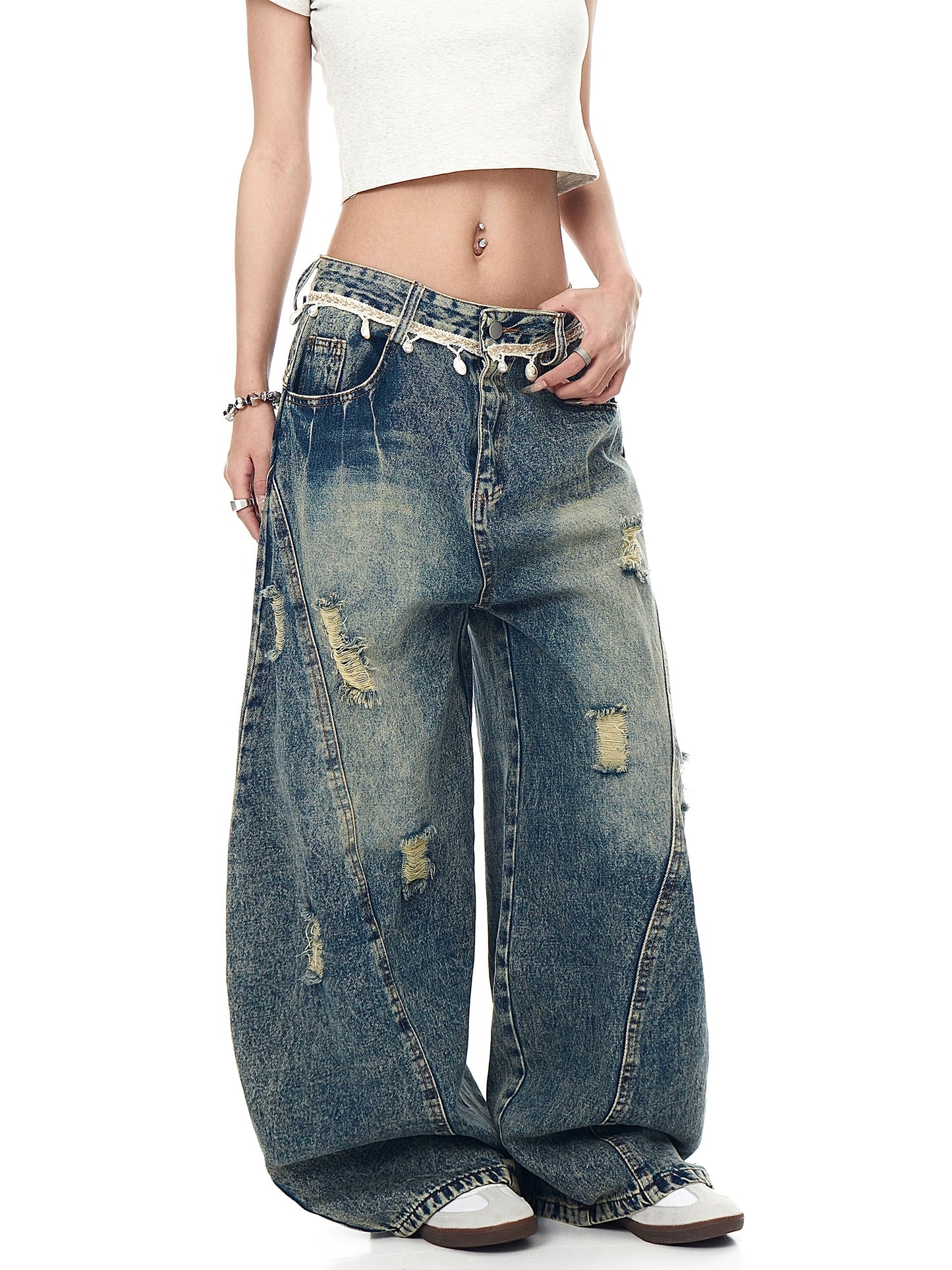 Retro Waist Chain Broken Jeans