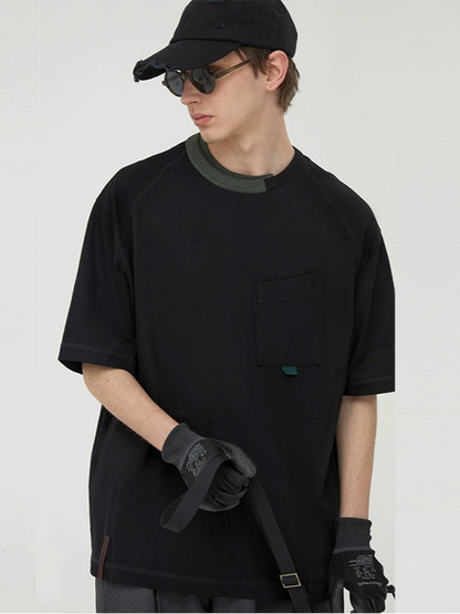 Asymmetric Neck Contrast Trim Tee