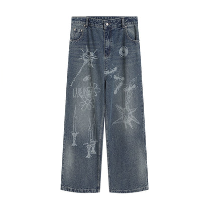 Graffiti Wide Strait Denim Pants