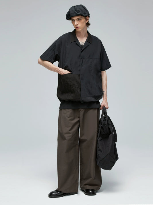 Vintage Patchwork Short Sleeve Shirt with Pointed Collar