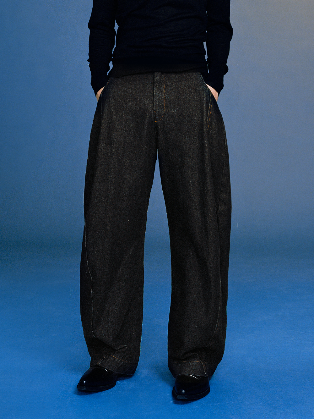 Raw Denim Black Curved Cut Wide-Leg Pants