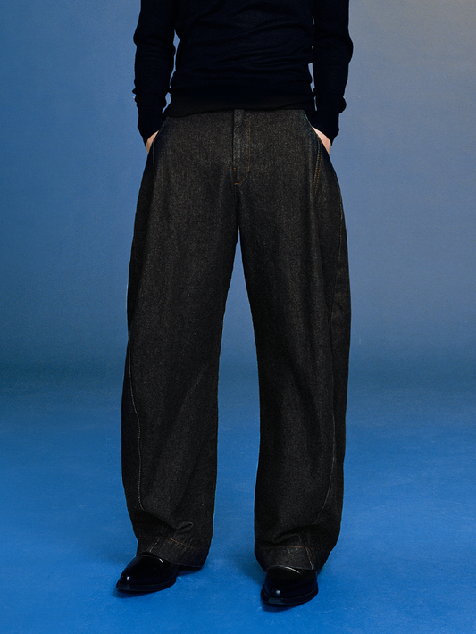 Raw Denim Black Curved Cut Wide-Leg Pants
