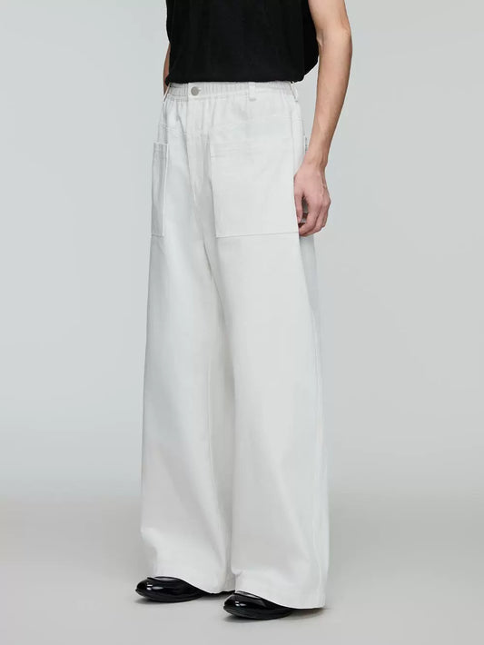 Slight Drop-Crotch White Bamboo Texture Casual Pants