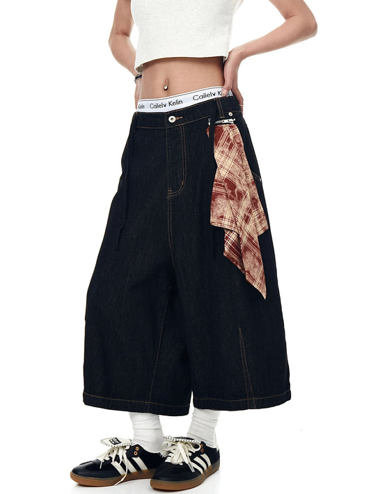 Retro Removable Scarf Half Denim Pants
