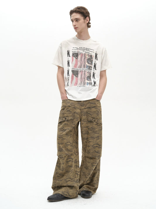 Pleats Straight Camo Sand Pants