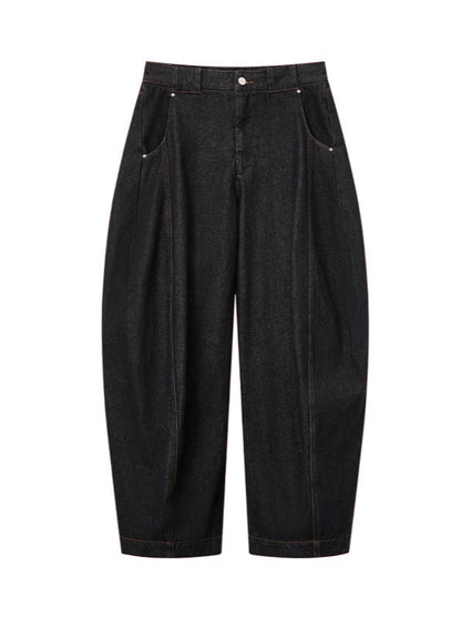 Raw Denim Black Curved Cut Wide-Leg Pants