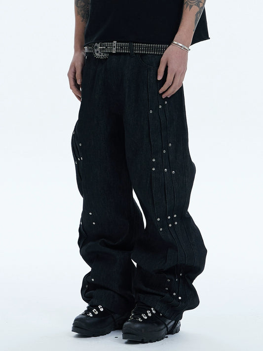 Shaped Pleated Studs Denim Pants