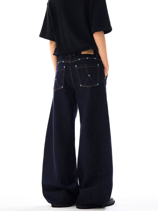 Color Stone Rivet Denim Pants