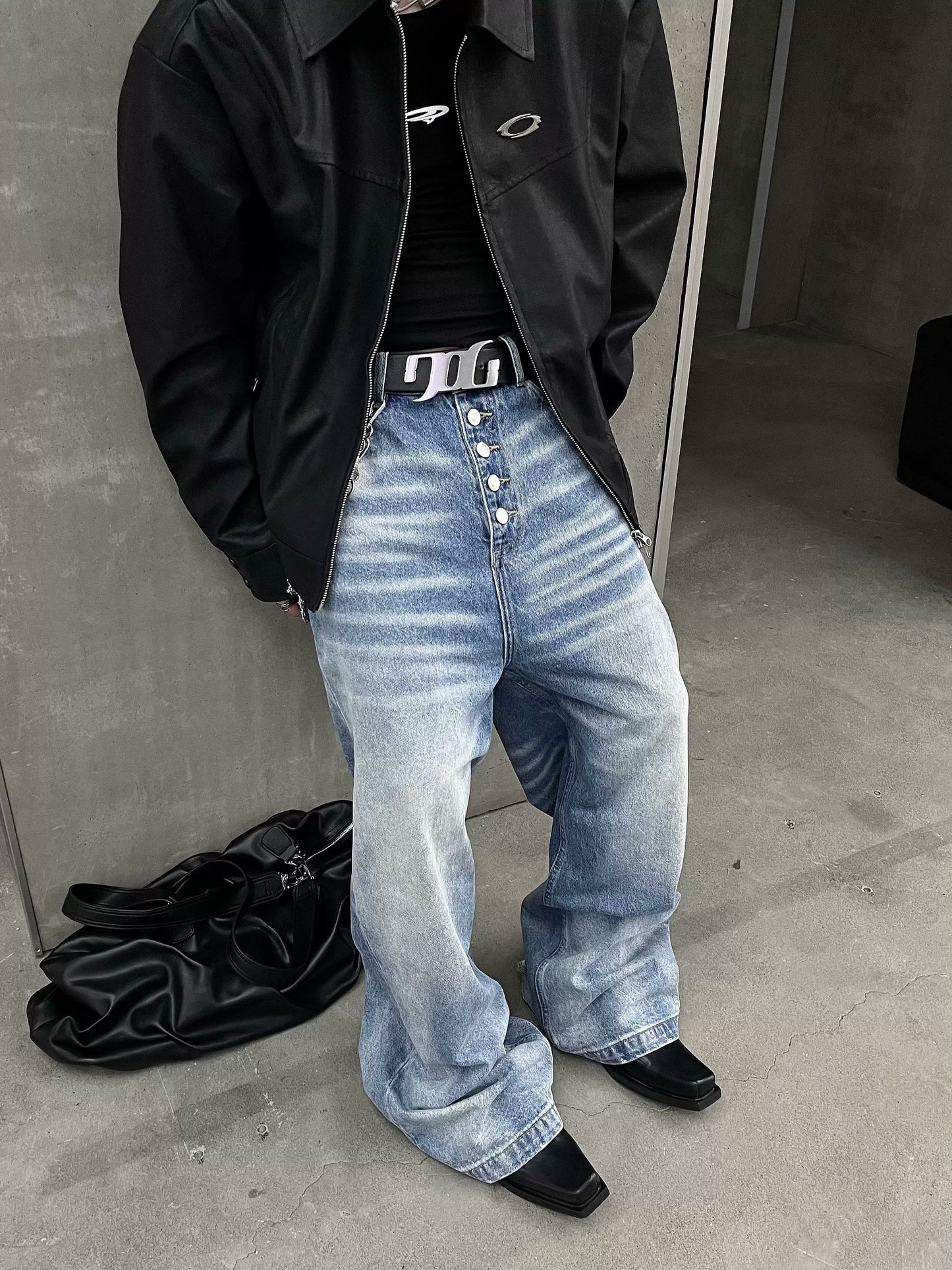 Simple Washed Button Denim Pants