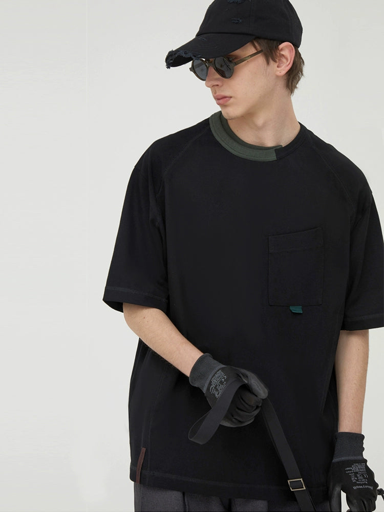 Asymmetric Neck Contrast Trim Tee
