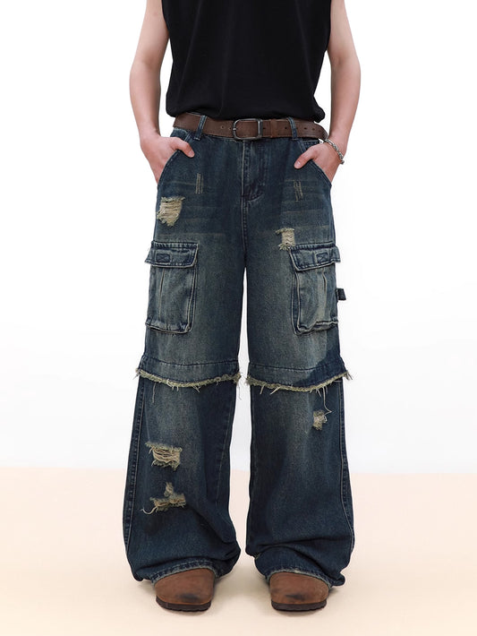 Raw Edge Splicing Denim Pants