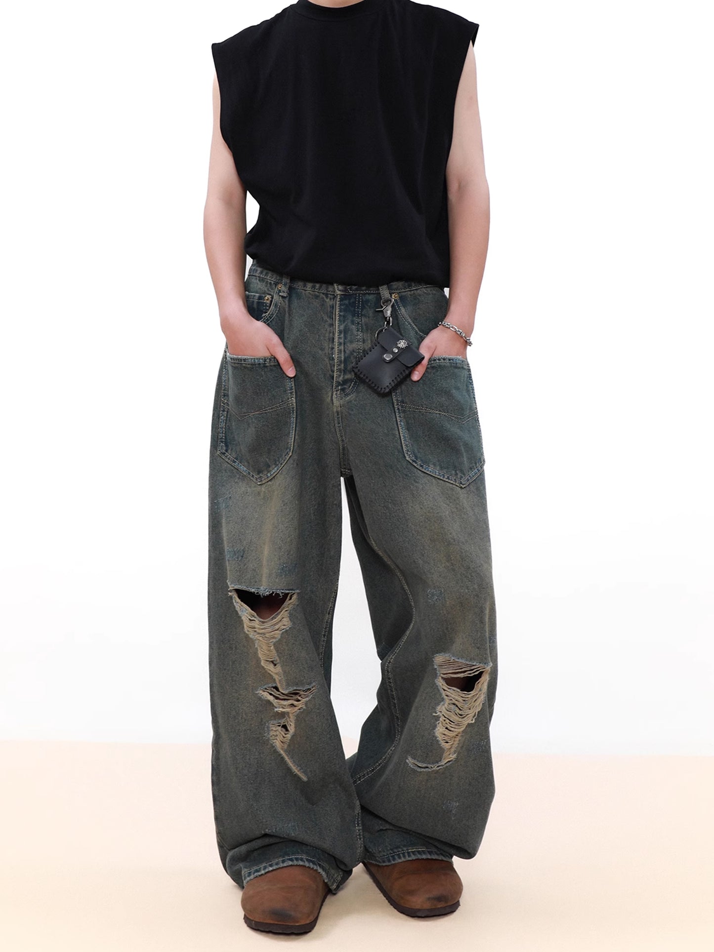 Broken Hole Loose Denim Pants