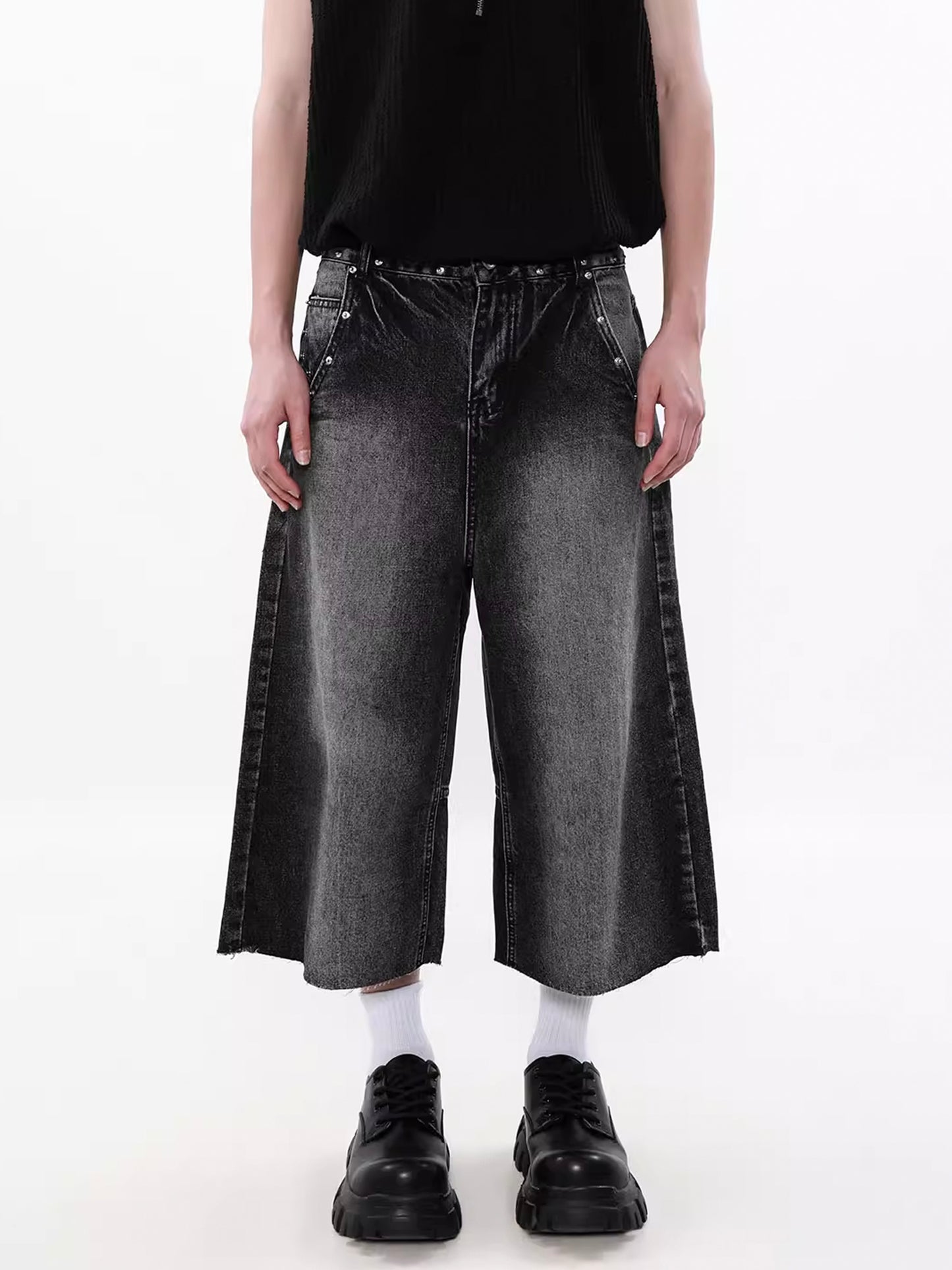 Washed Stone Half Denim Pants