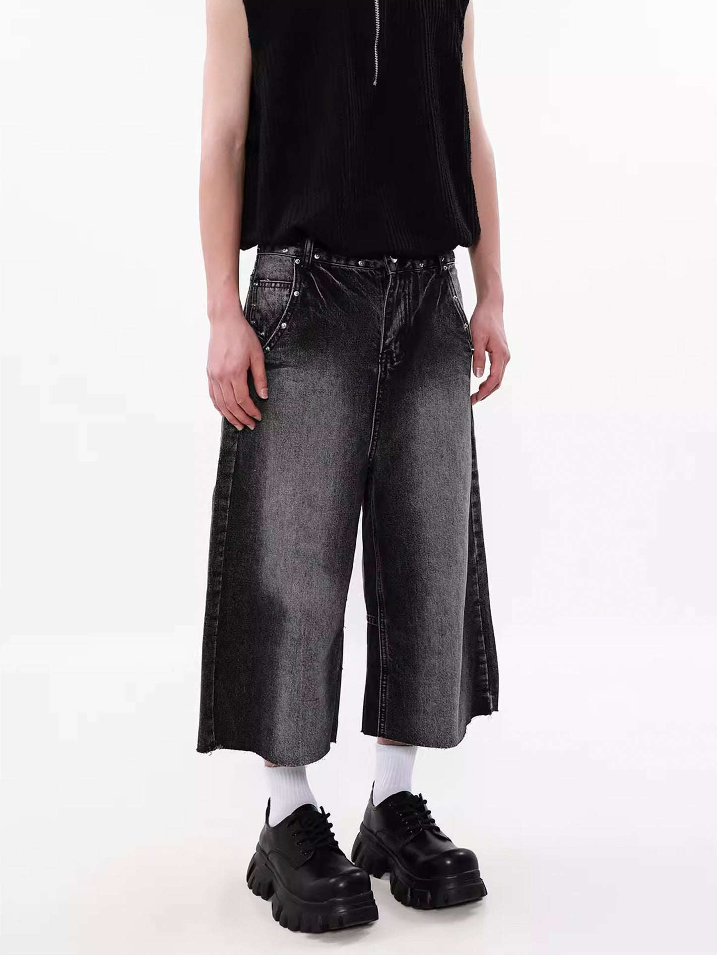 Washed Stone Half Denim Pants