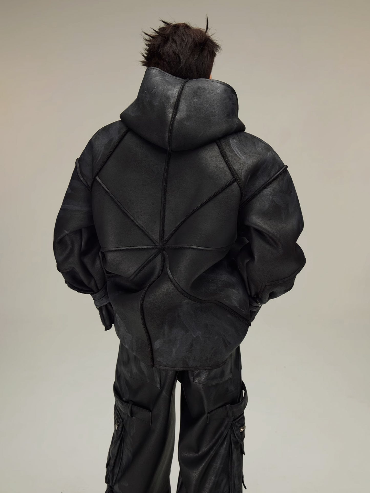 Heavy Coating Leather Hooded Jacket