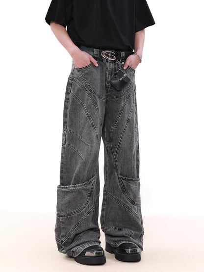 Washed Black Splicing Denim Pants