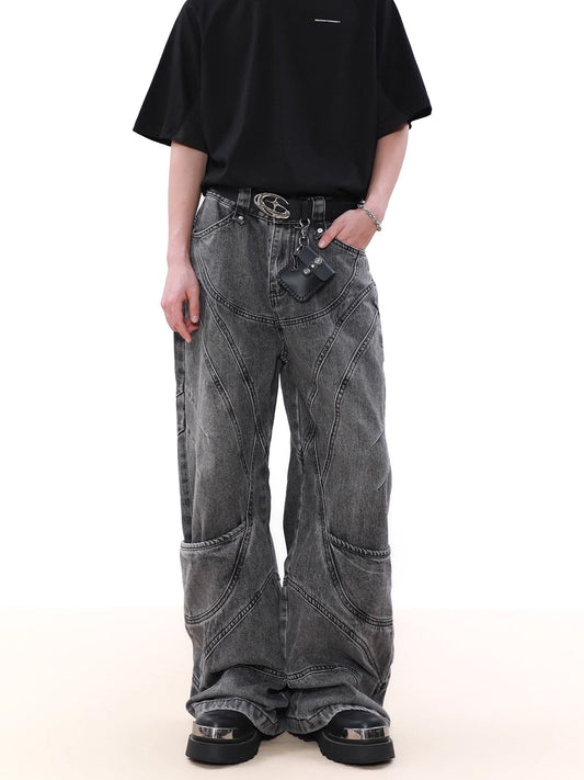 Washed Black Splicing Denim Pants