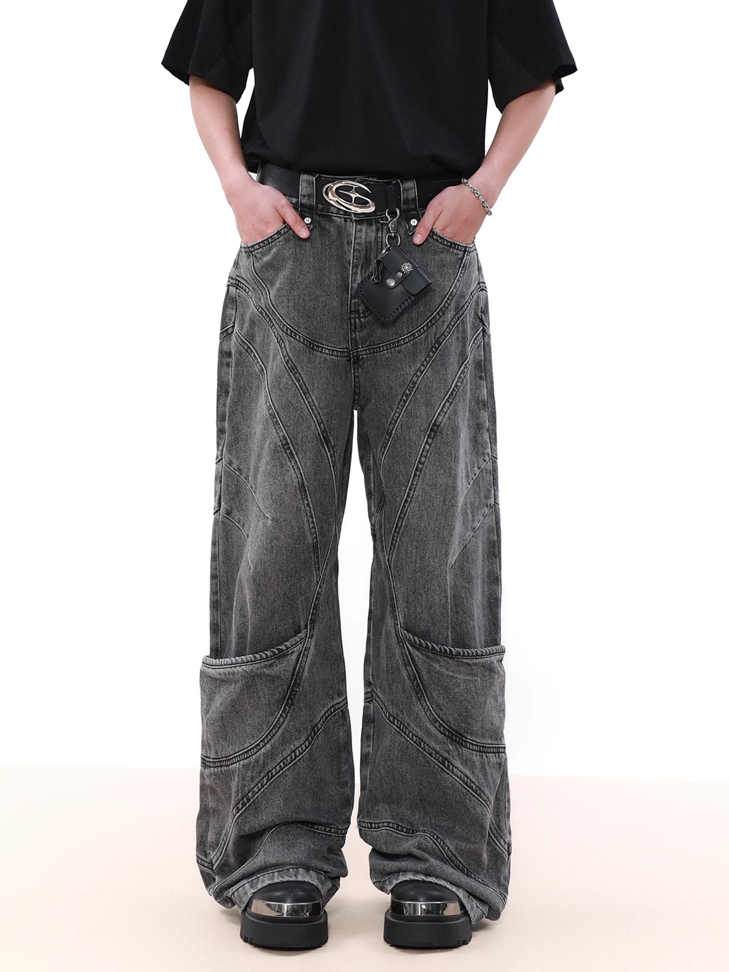 Washed Black Splicing Denim Pants