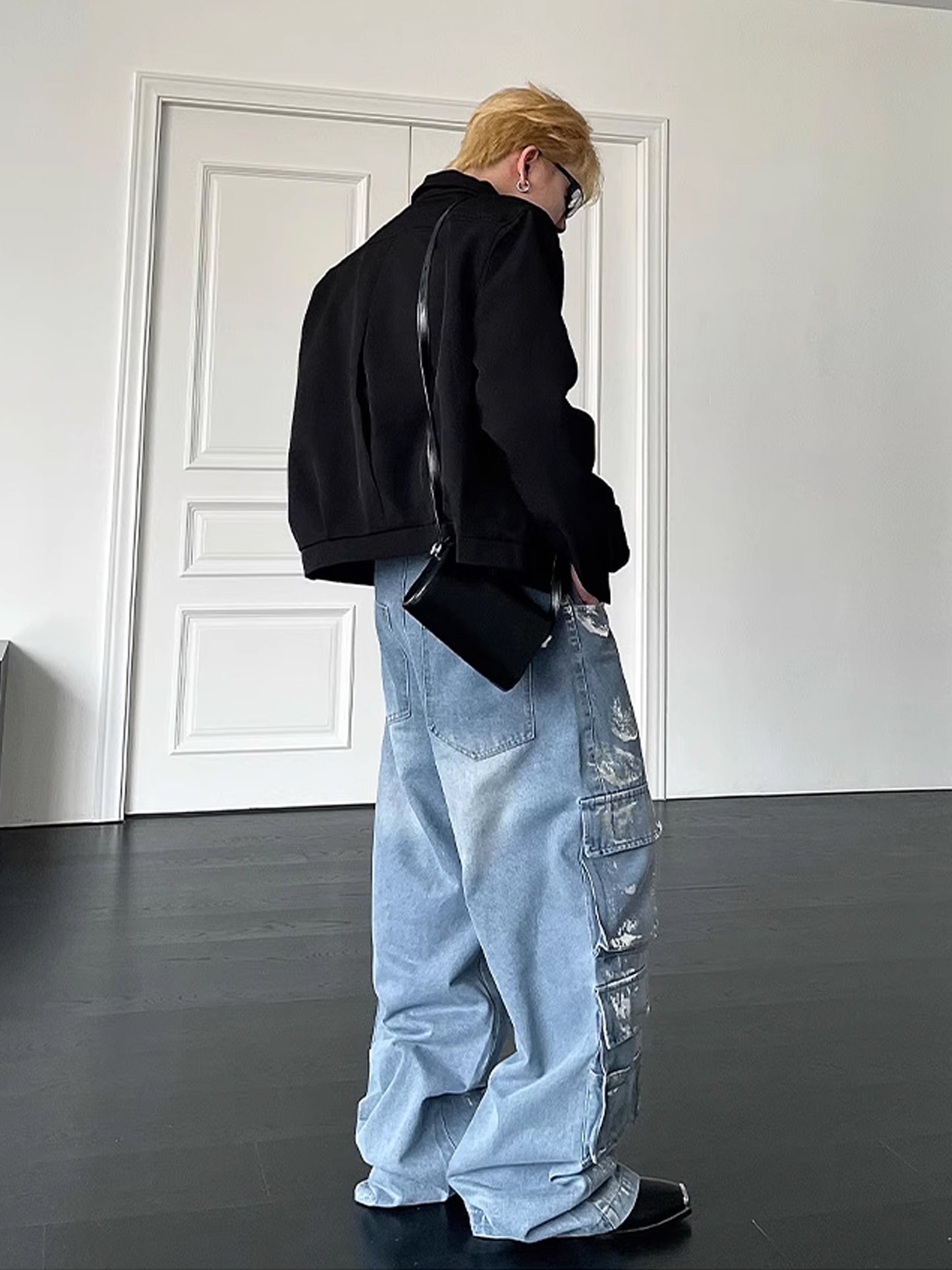 Metal Coating Cargo Denim Pants