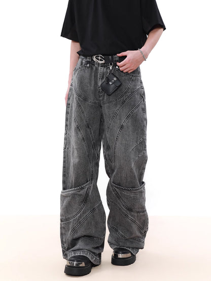 Washed Black Splicing Denim Pants