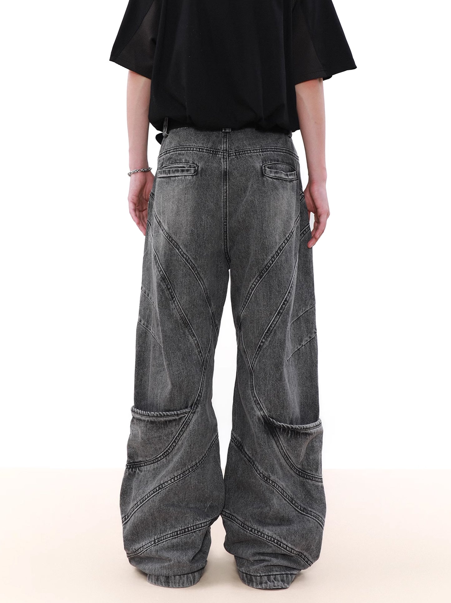 Washed Black Splicing Denim Pants