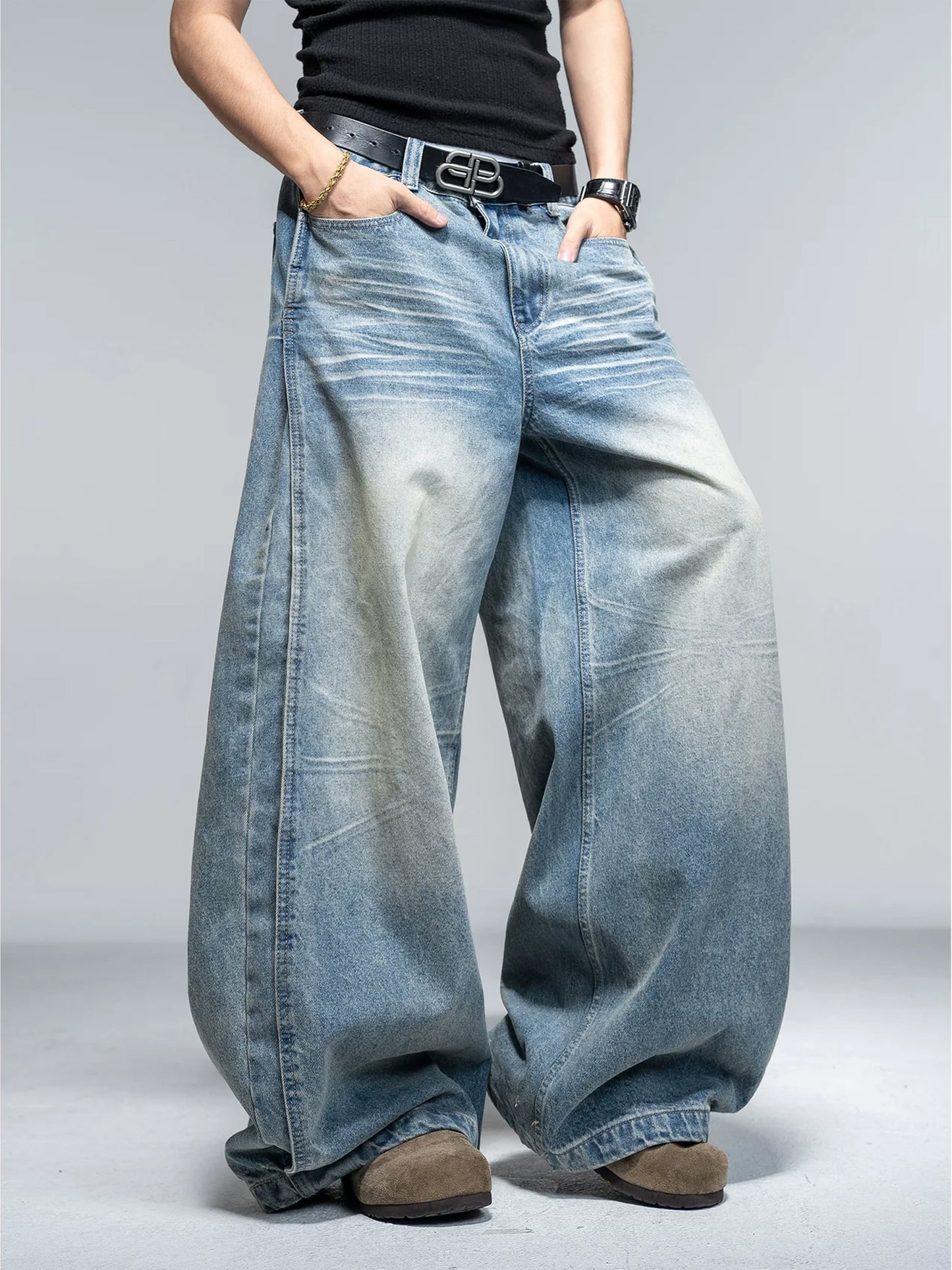 Whisker Washed Wide Jeans