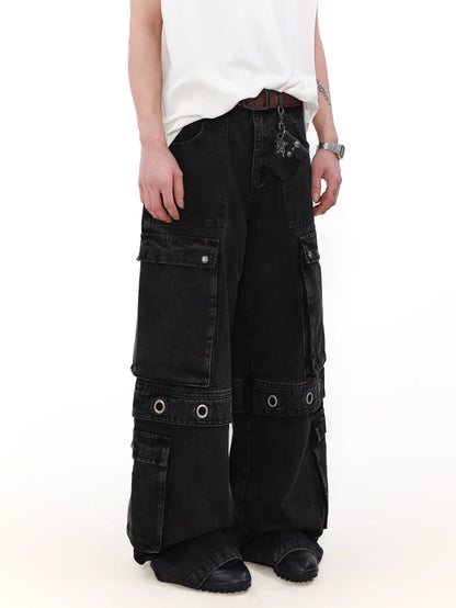 Multi Pocket Belt Denim Cargo Pants