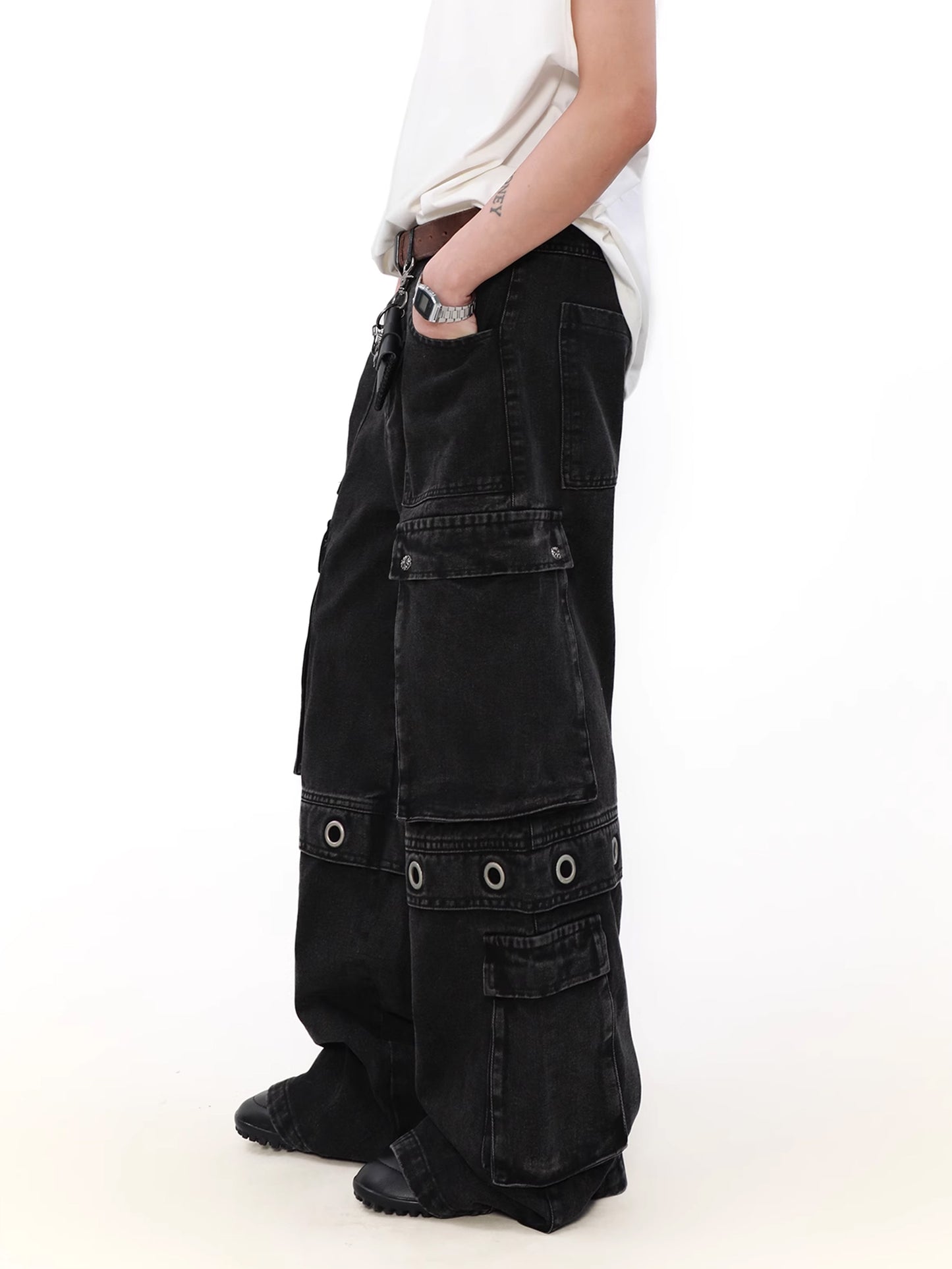 Multi Pocket Belt Denim Cargo Pants