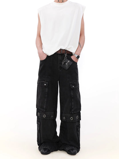 Multi Pocket Belt Denim Cargo Pants