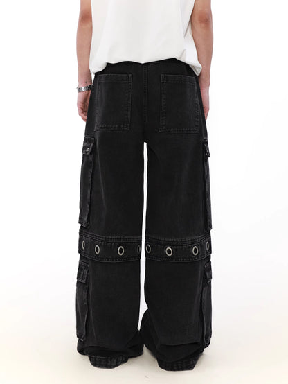 Multi Pocket Belt Denim Cargo Pants