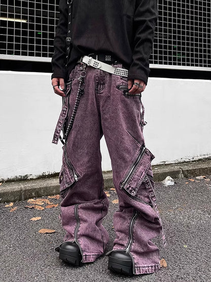 Zipper Pocket Denim Cargo Pants