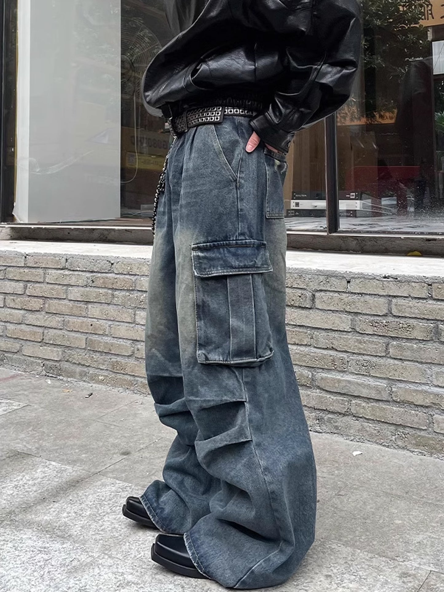 Pleats Cargo Denim Pants