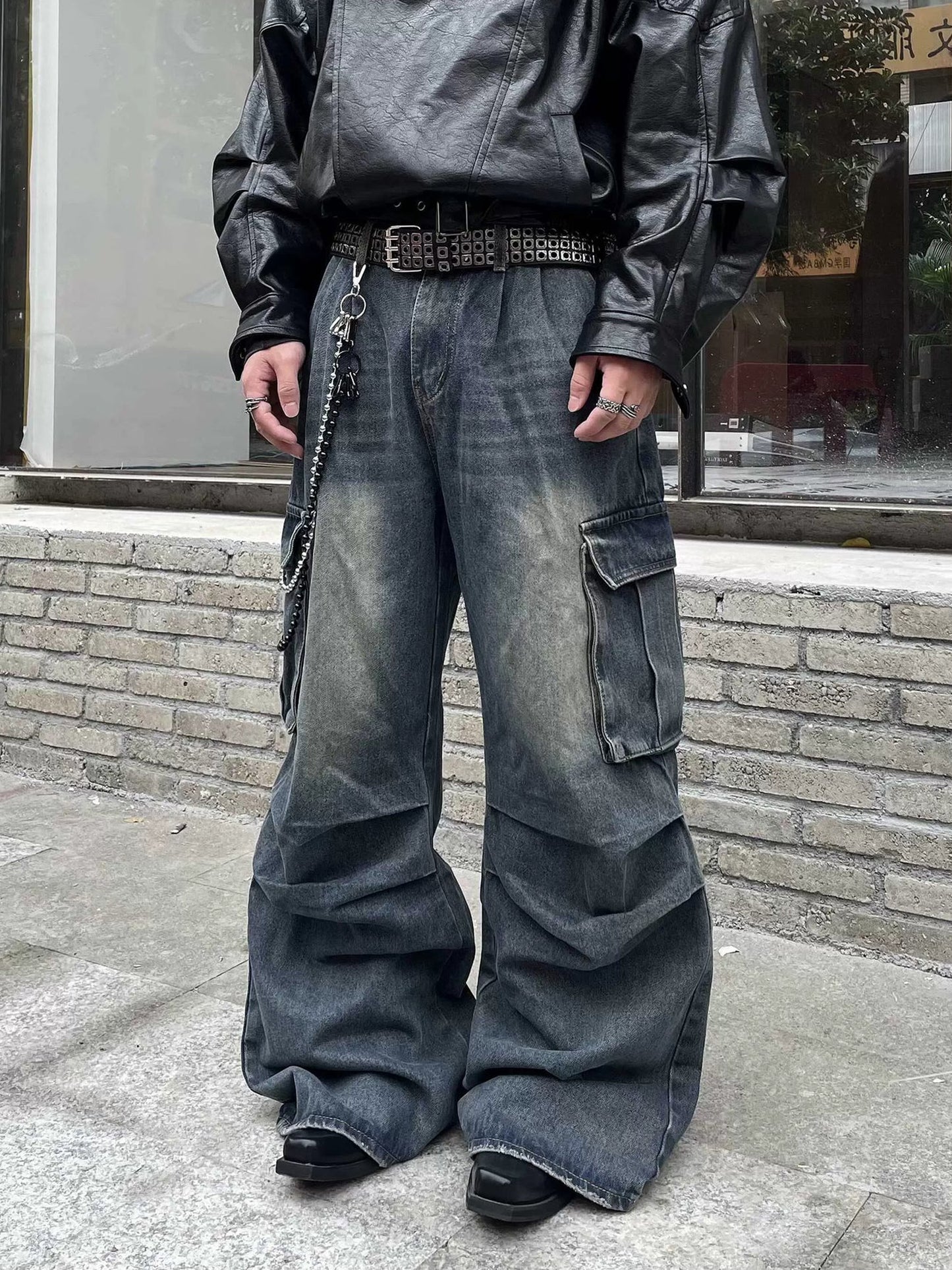 Pleats Cargo Denim Pants