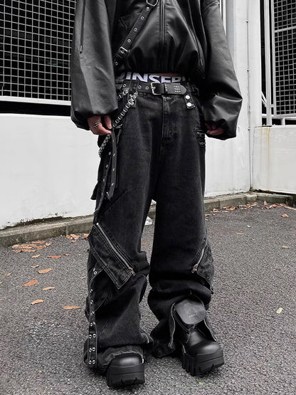 Zipper Pocket Denim Cargo Pants