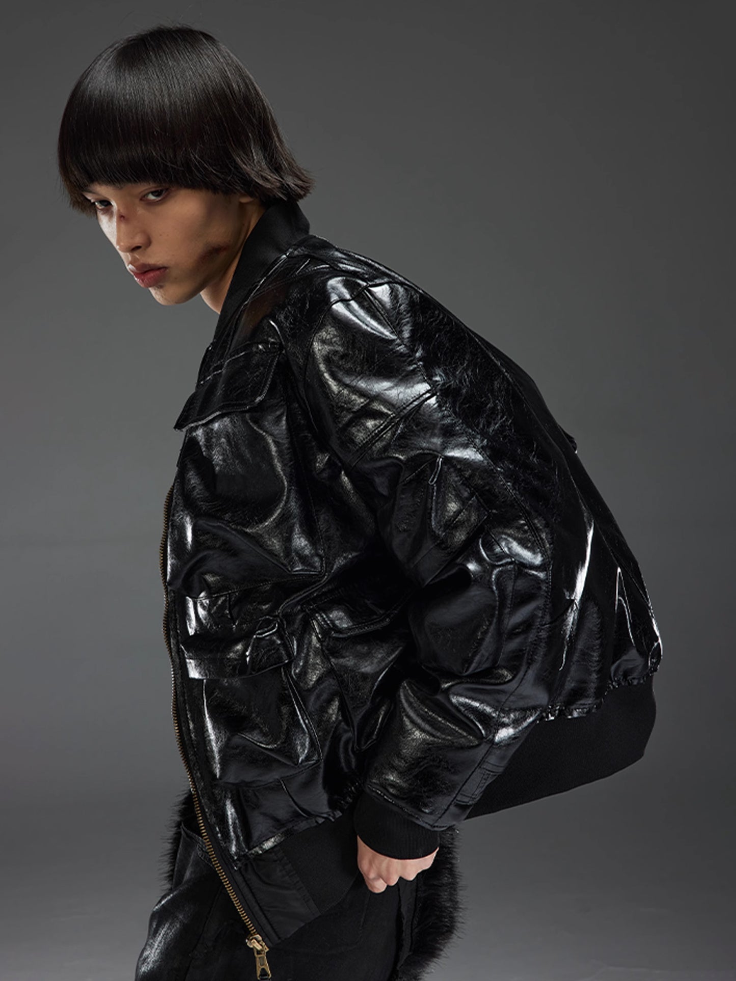 Dimensional Leather Bomber Jacket