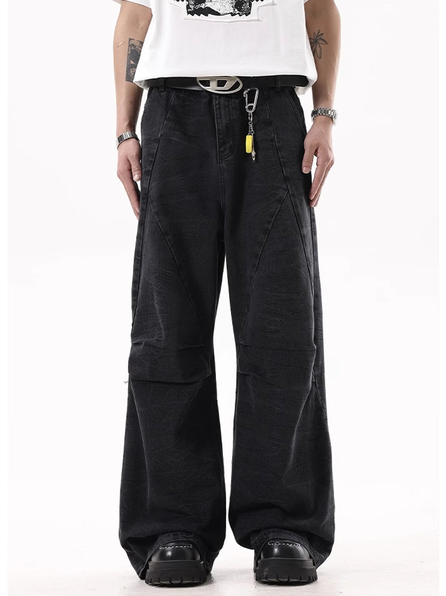 Washed Black Pleats Denim Pants