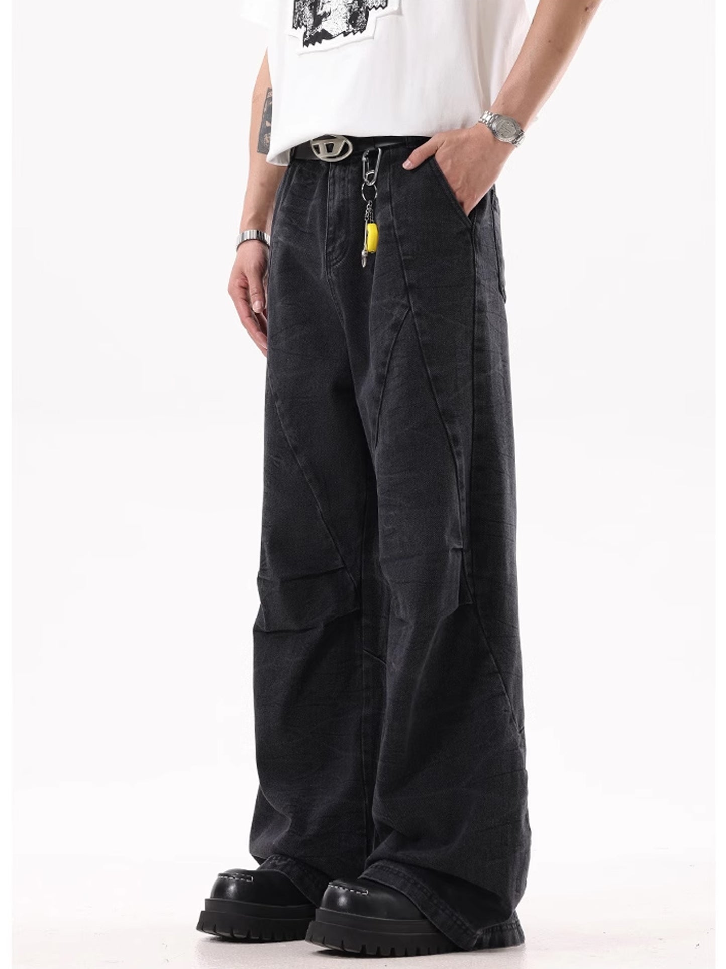 Washed Black Pleats Denim Pants