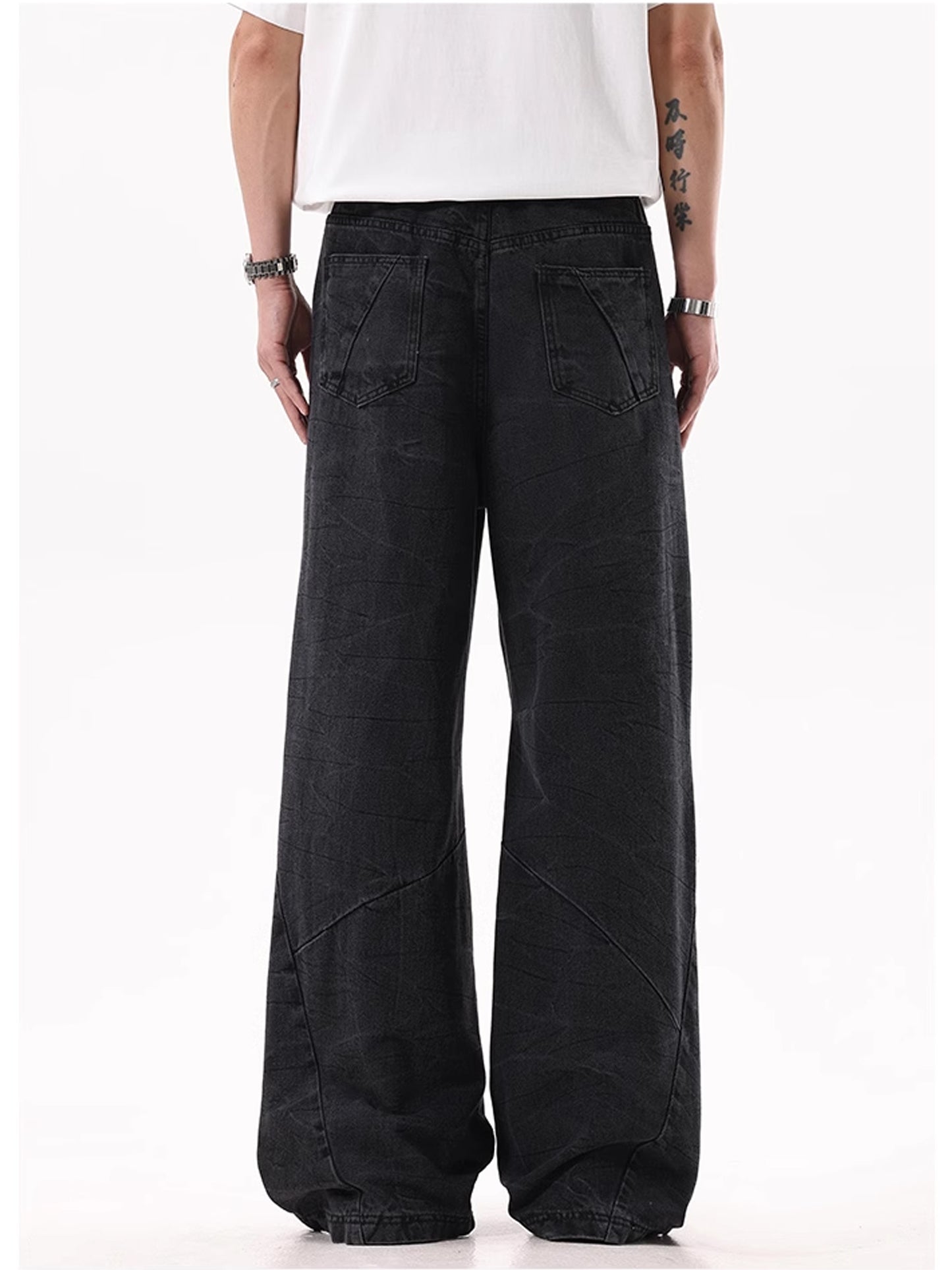 Washed Black PLEATS DENIM PANTS